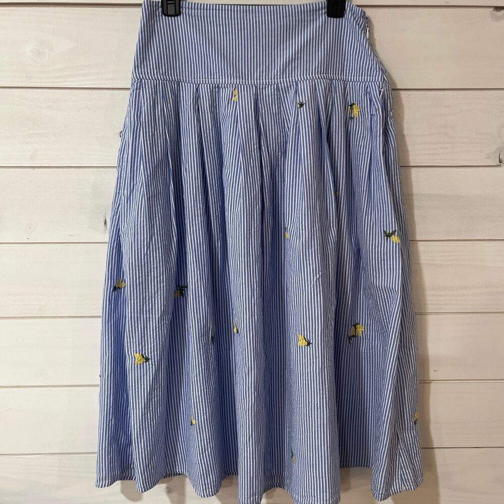 NWT Free Assembly Size 6 Pleated Maxi Skirt Embroidered Lemons Striped Chambray